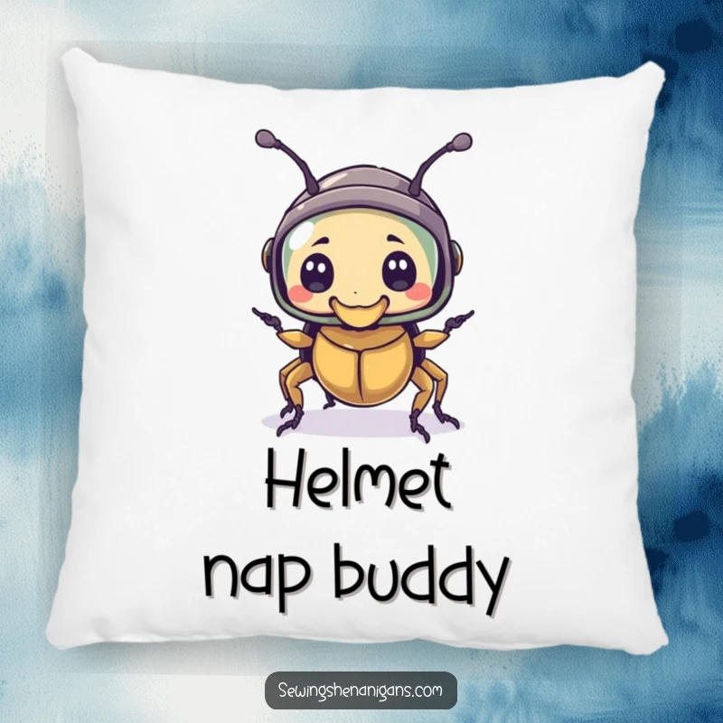 Funny pillow showcasing a bewildered beetle character wearing a thimble as a helmet, a cozy and humorous accent piece.