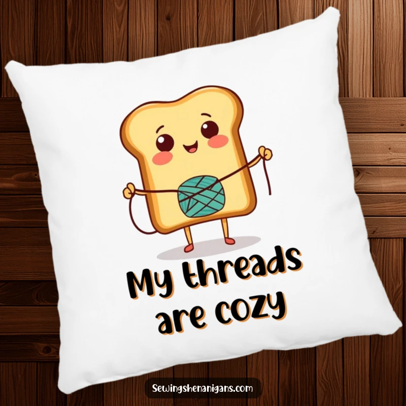 Funny Pillow showing a happy toast character mid-skip with a thread spool, offering comfort and a cheerful, playful aesthetic for any couch.