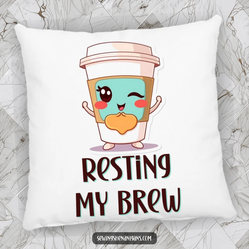 Funny Winking Coffee Cup Pillow: A winking coffee cup character showing off a patch, providing funny comfort and a great gift idea.