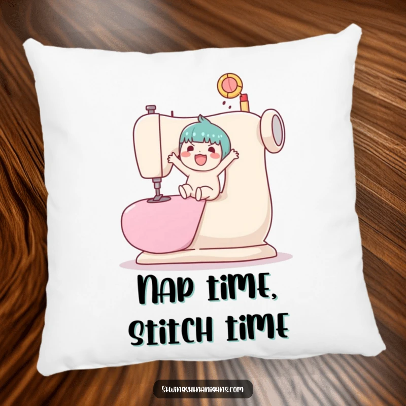 Funny, plush pillow showcasing a kawaii character enthusiastically bouncing a ball on a huge sewing machine.