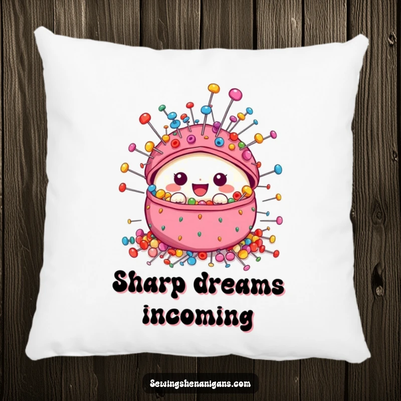 Funny Pincushion Pillow featuring a plush character overflowing with a lively assortment of colorful sewing pins, designed for comfort and charm.