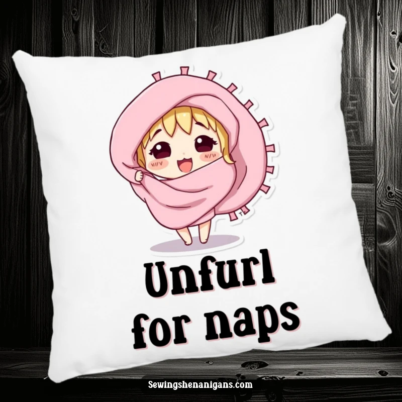 Funny pillow with a curious fabric swatch character excitedly unfurling, providing soft and whimsical comfort.