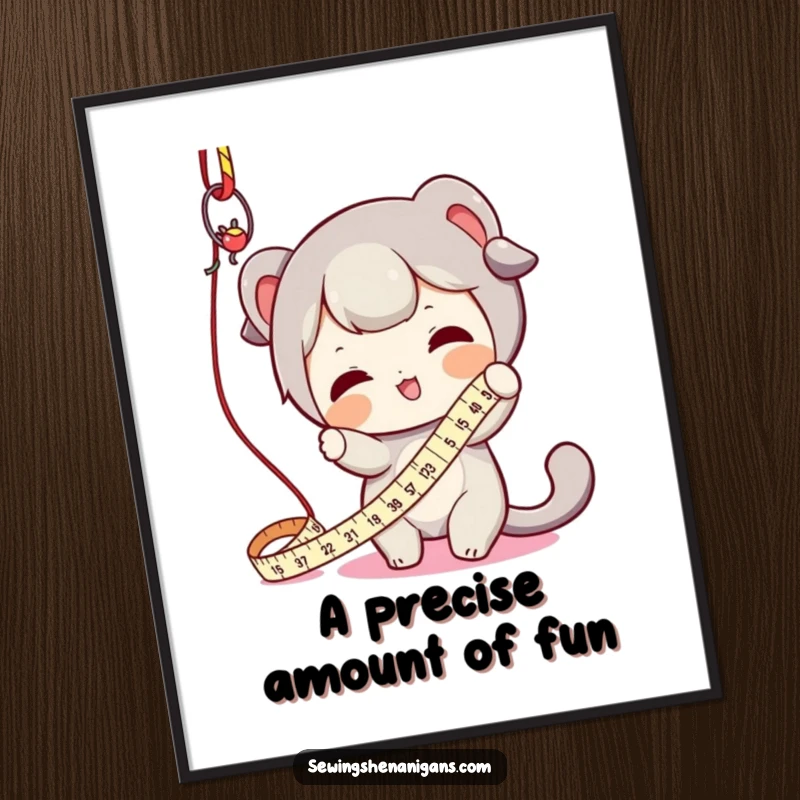 Funny digital art print of a character playfully batting at a dangling measuring tape, perfect for adding whimsical crafting decor.