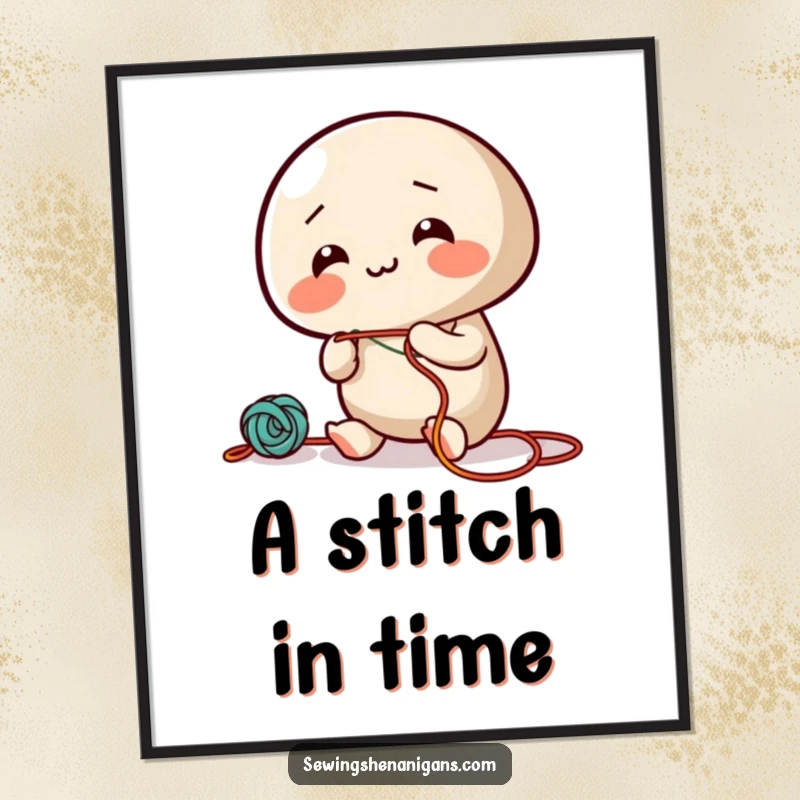 Funny digital art print of a giggling needle character enthusiastically threading colorful string, perfect for instant decor.