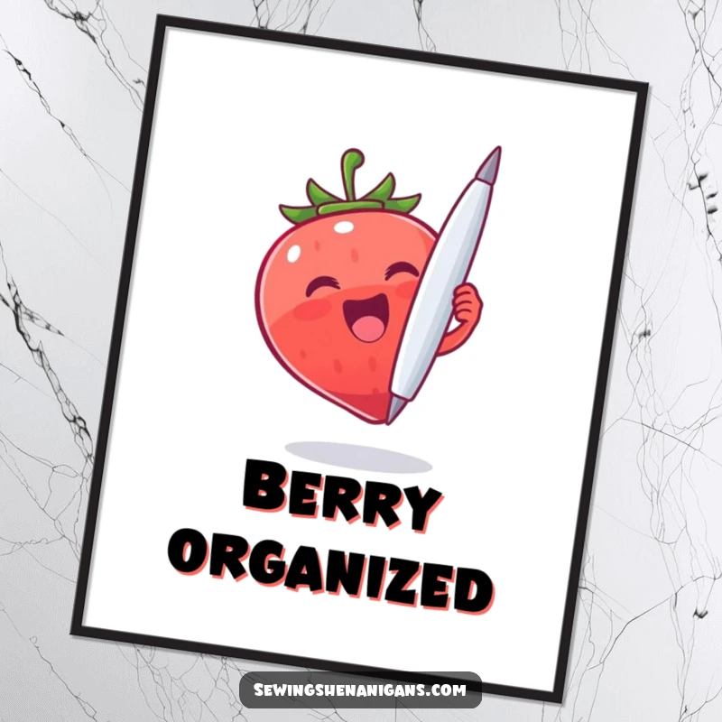 Funny Strawberry Needle Digital Art Print: A joyful strawberry character holding a large needle, perfect for instant funny decor.