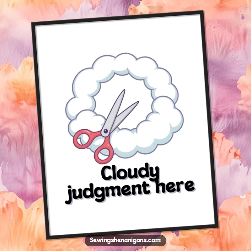 Funny Digital Art Print: Scissors attempt to cut a round hole in a cloud, a surreal and humorous illustration.