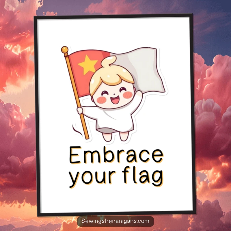 Funny digital art print of a cheerful character sewing a smiling face onto a waving flag, creating a vibrant and uplifting scene.