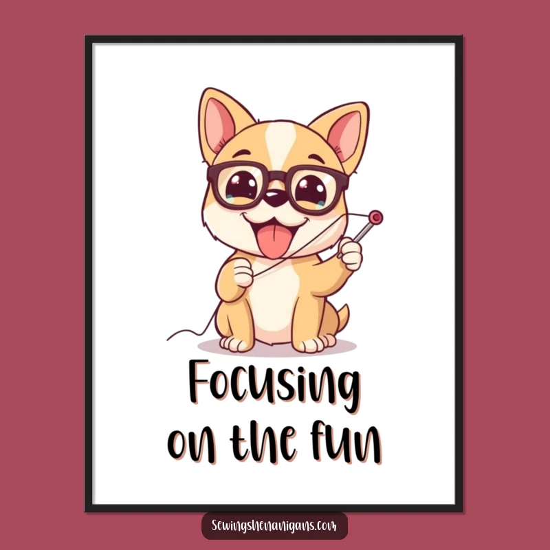 Funny Dog Sewing Digital Art: Spectacled Pup, Instant Humorous Decor for Crafters