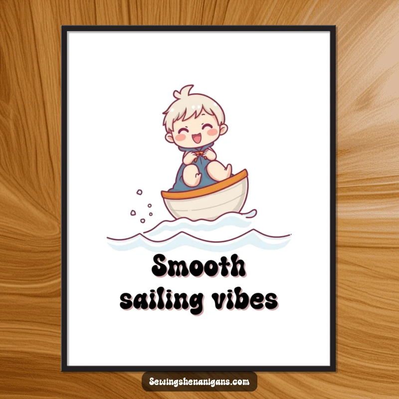 Funny digital art print of a giggling character joyfully sailing a thimble boat across fabric, creating an amusing and vibrant scene.