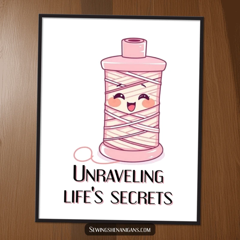 Funny Digital Art Print: A spool of thread unravels, giggling uncontrollably, a whimsical and humorous sewing illustration.