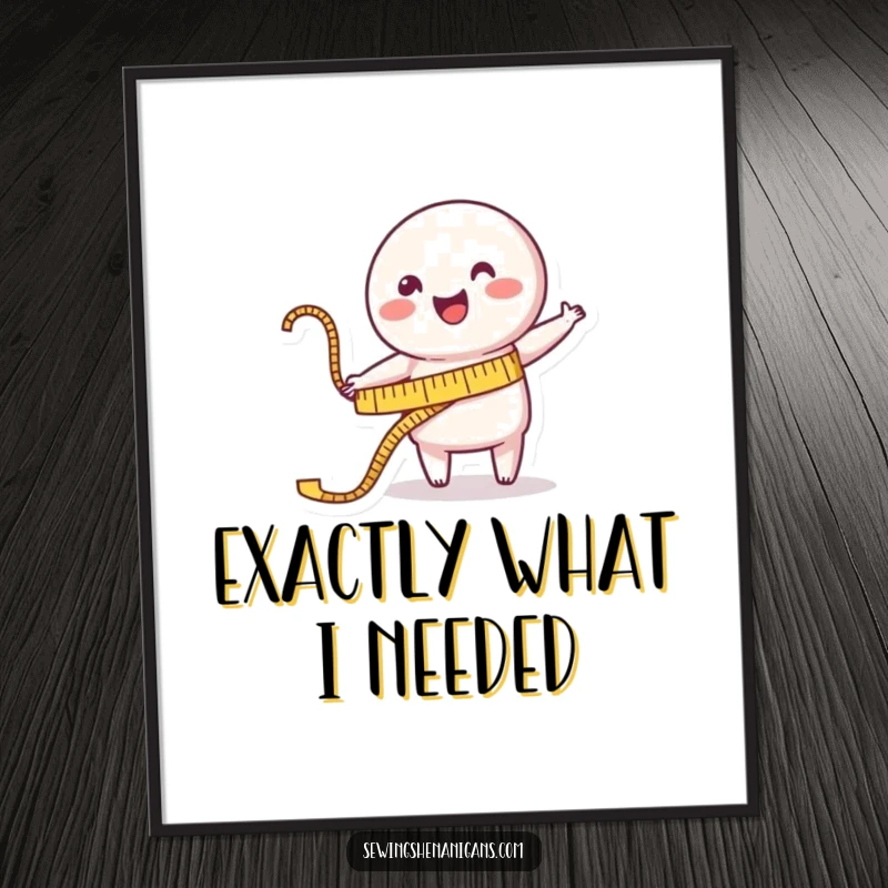 Funny Digital Art Print: A happy measuring tape character cheerfully stretches towards a garment in this charming and humorous artwork.