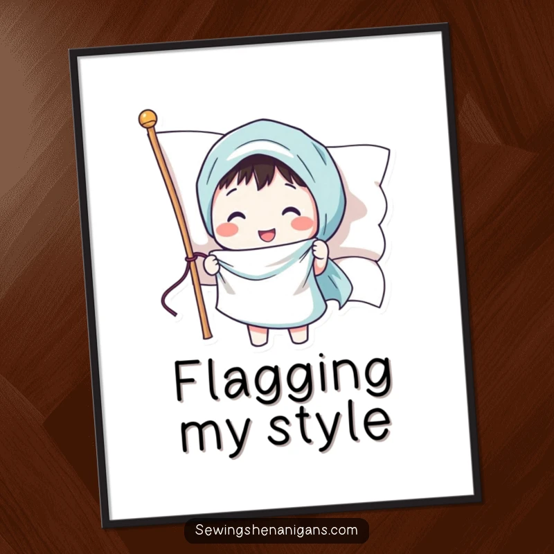 Funny digital art print of a happy character sewing a smiling face onto a waving flag, ready for easy printing.