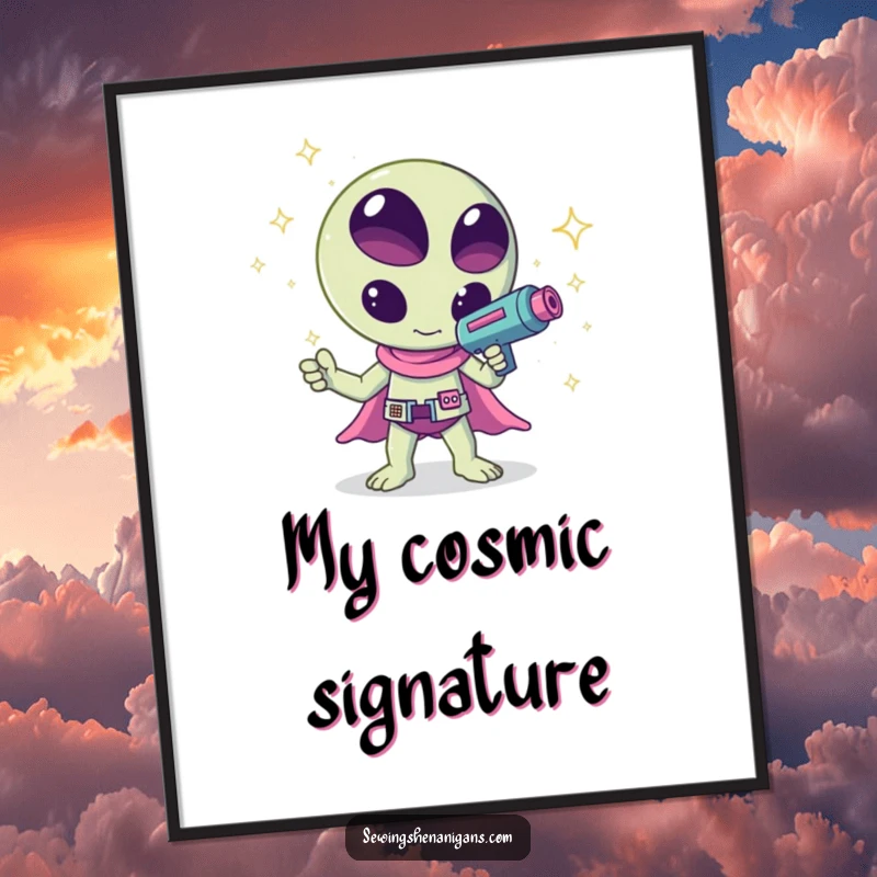 Funny kawaii alien waving a ray gun that shoots sparkles, a humorous and vibrant digital art print, perfect for instant wall decor.