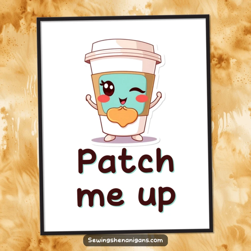 Funny Winking Coffee Cup Digital Art Print: A winking coffee cup character proudly displaying a colorful patch, perfect for instant funny decor.