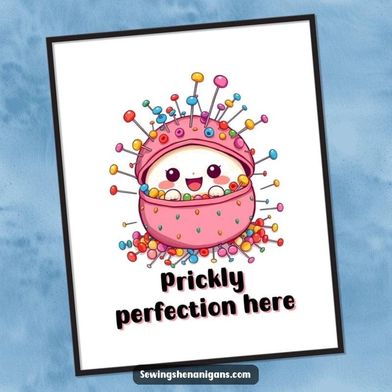 Funny Pincushion Digital Art print of a cute character densely packed with vibrant, colorful sewing pins, ready to be printed and framed.
