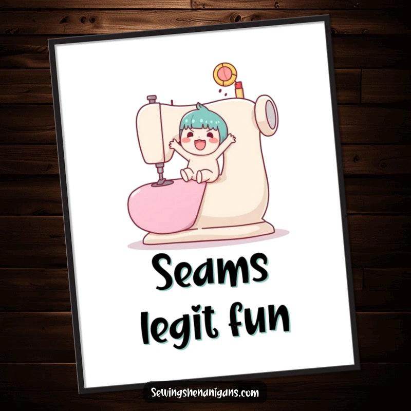 Funny, printable digital art of a kawaii character ecstatically bouncing a ball on a giant sewing machine.