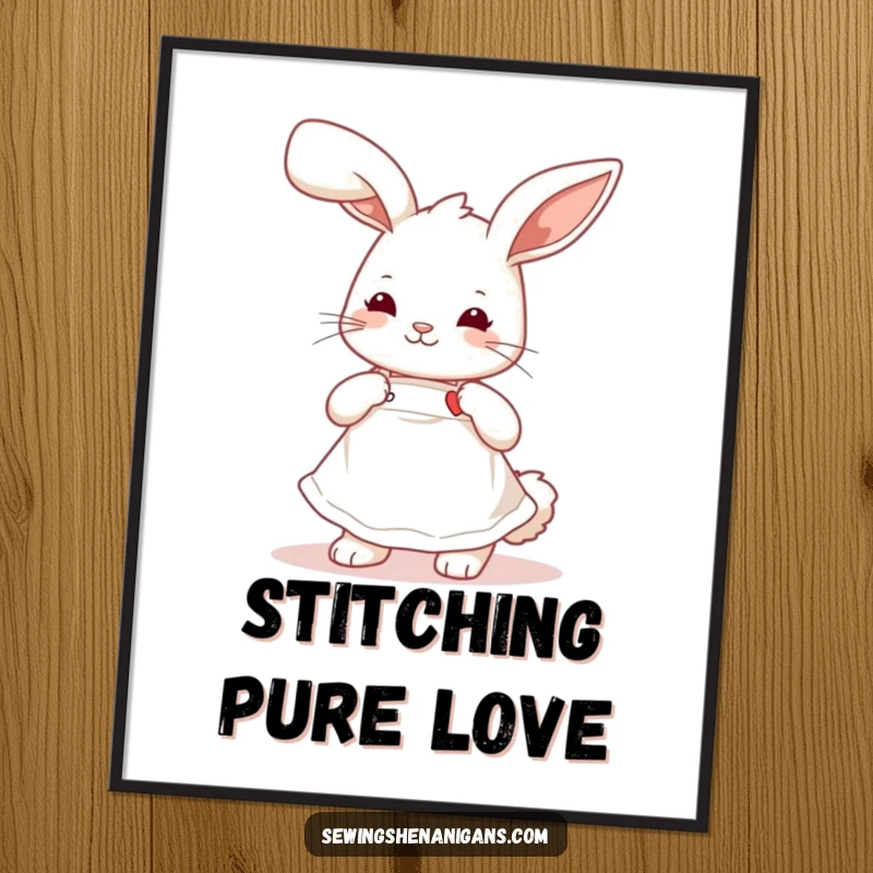 Funny playful bunny wearing a cute apron, stitching a tiny heart, a charming digital art print for crafters.