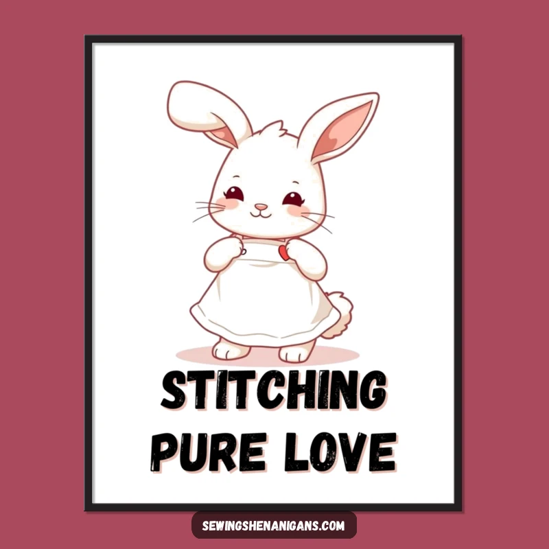 Funny Bunny Sewing Digital Art: Cute Apron Rabbit, Instant Humorous Decor