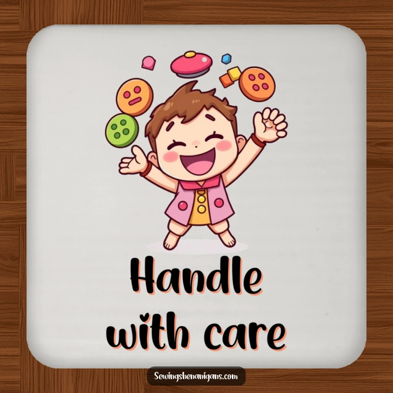 Funny drink coaster with a happy character energetically juggling colorful buttons, adding a touch of crafting humor to surfaces.