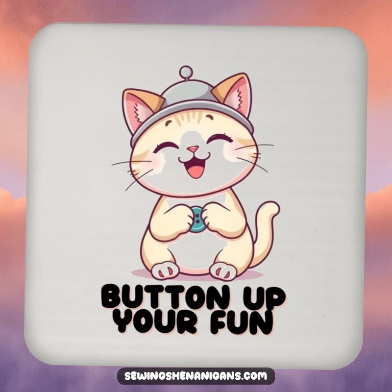 Funny cat wearing a thimble hat sewing a button, a cute and humorous drink coaster set.