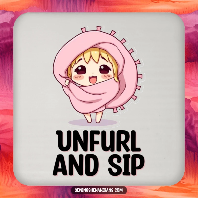 Funny drink coaster with a curious fabric swatch character excitedly unfurling, offering stylish surface protection.