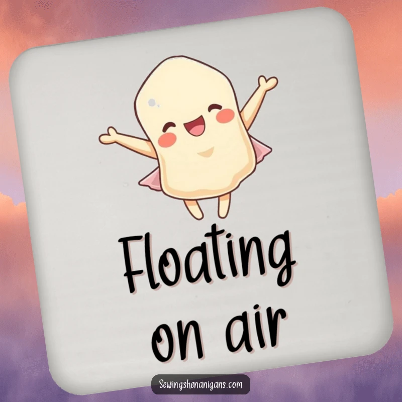 Funny drink coaster: A delighted fabric scrap character fluttering merrily, adding a touch of playful humor to tabletops.