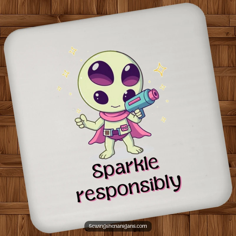 Funny kawaii alien waving a ray gun that shoots sparkles, a humorous and celestial design on this drink coaster, perfect for tabletops.