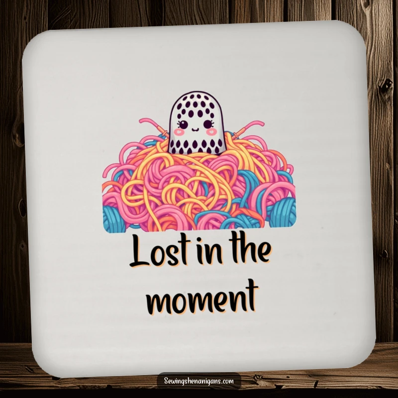 Funny Coaster: A cute thimble is lost in a gigantic pile of colorful yarn, a humorous and protective accessory.
