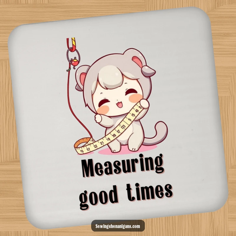 Funny drink coaster with a character playfully batting a dangling measuring tape, protecting surfaces with crafty charm and humor.