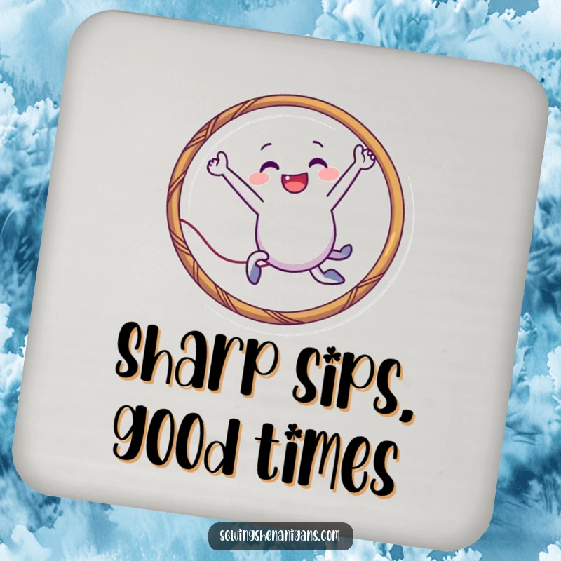 Funny needle character coasters leaping through a thread hoop, protecting surfaces with humor and as a quirky funny gift.