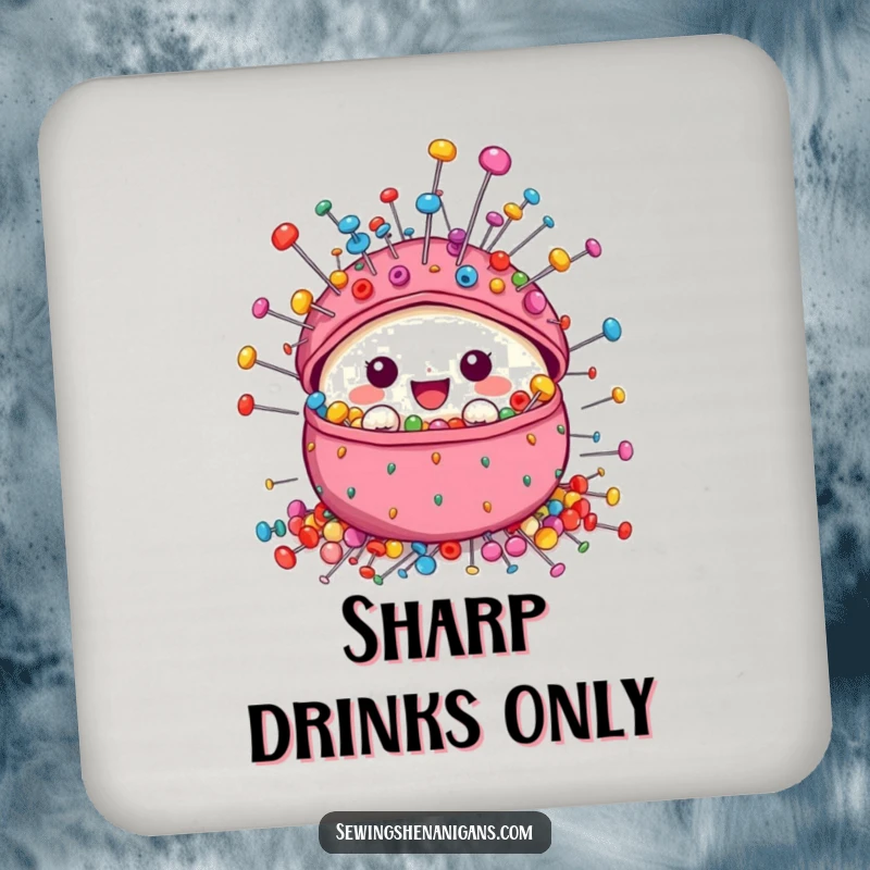 Funny Pincushion Coasters set featuring a cute character overflowing with colorful sewing pins, perfect for protecting drinks and tables.