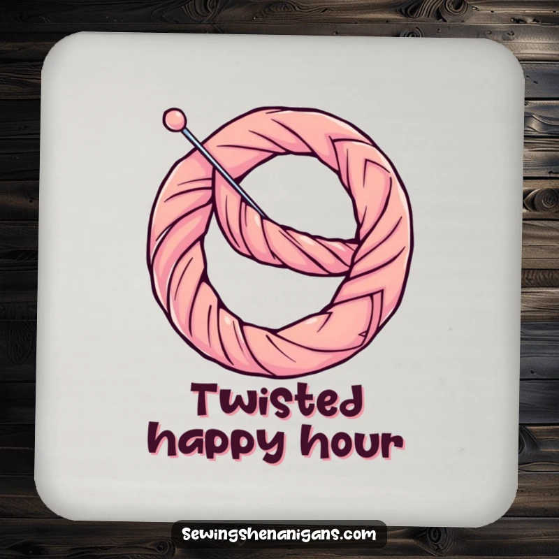 Funny Coaster: A determined thread bends a needle into a pretzel, a humorous and protective sewing accessory.