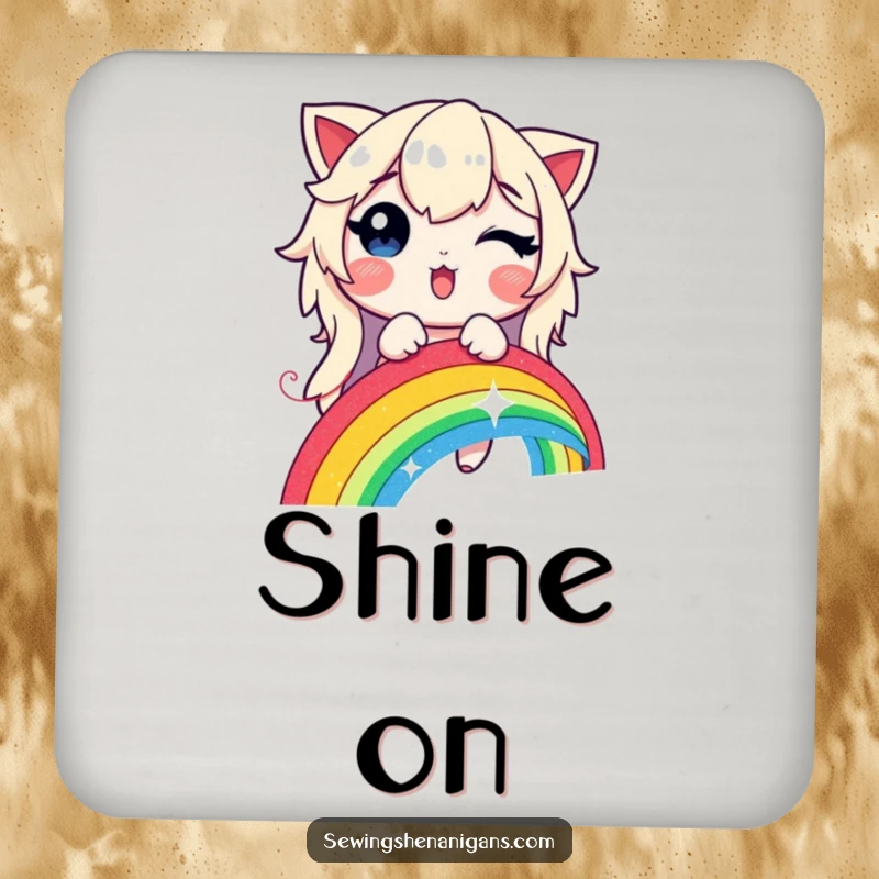 Funny, absorbent coaster featuring a delighted character stitching a glowing rainbow with a shimmering thread.