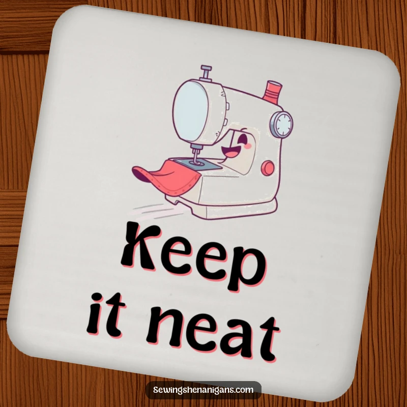 Funny Coaster: A mischievous sewing machine character gleefully zooms across fabric, adding playful protection with sewing-themed charm.