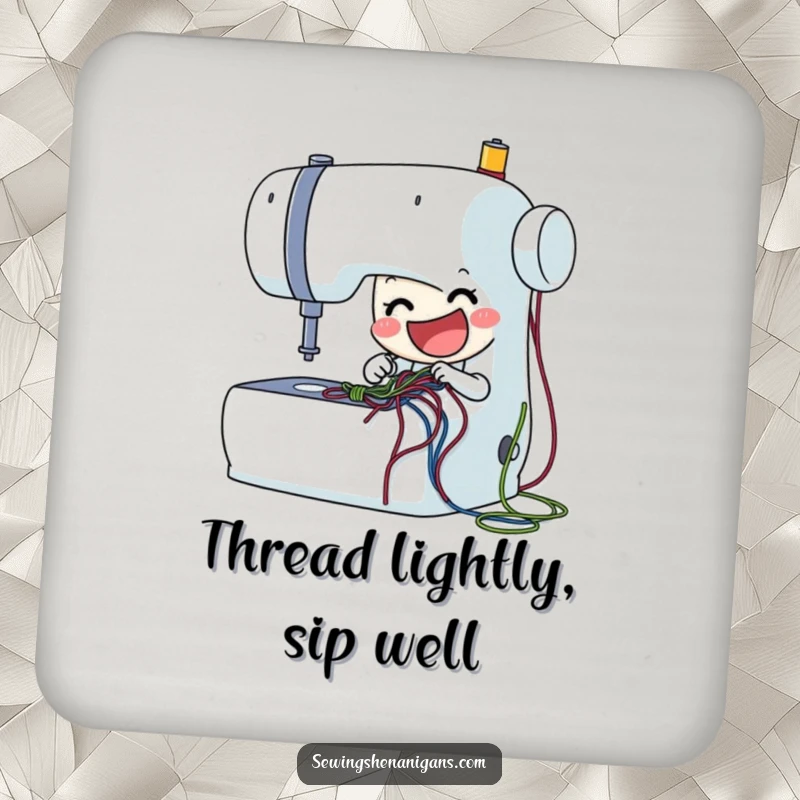 Funny sewing machine coasters with a delighted character stitching, protecting surfaces with humor and as a quirky funny gift.
