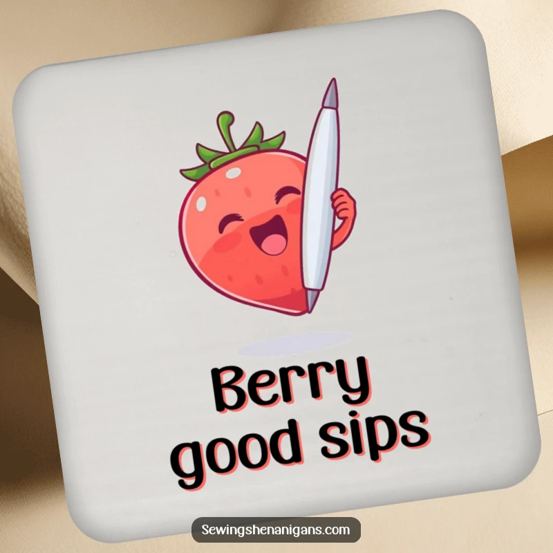 Funny Strawberry Needle Coasters: A happy strawberry character holding a giant needle, ideal for funny and protective table decor.