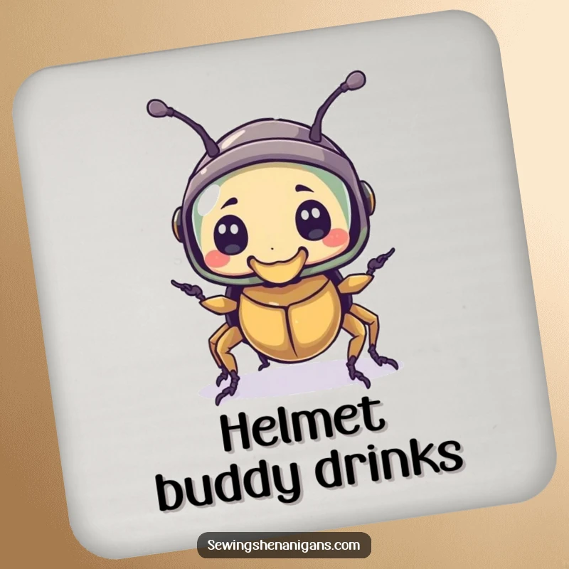 Funny drink coaster with a bewildered beetle character wearing a thimble as a helmet, a charming and humorous surface protector.