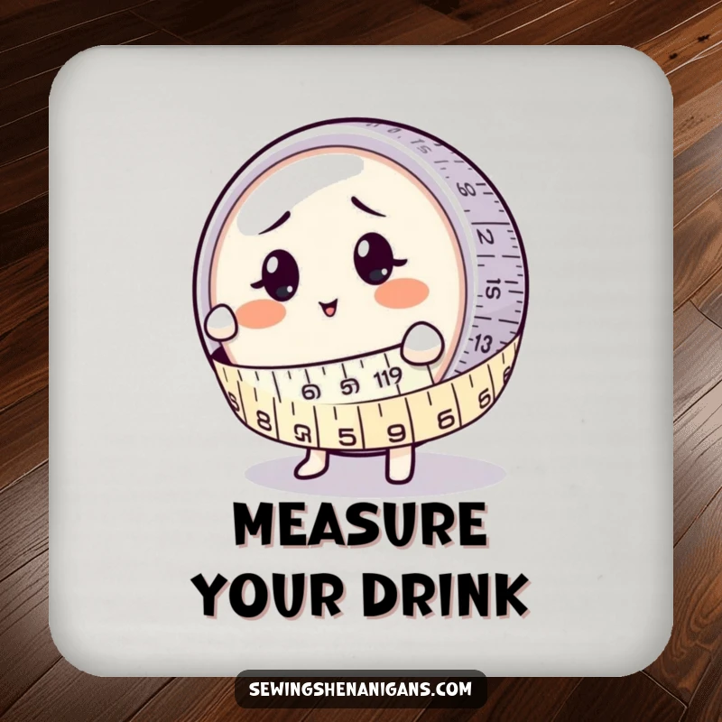 Funny Coaster: A round measuring tape character comically hugging a bewildered button, protecting surfaces with humor.