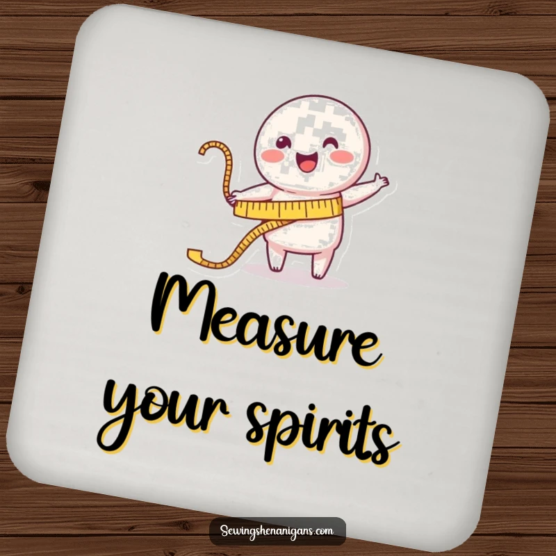 Funny Coaster: A happy measuring tape character cheerfully stretches towards a garment, adding playful, accurate protection.