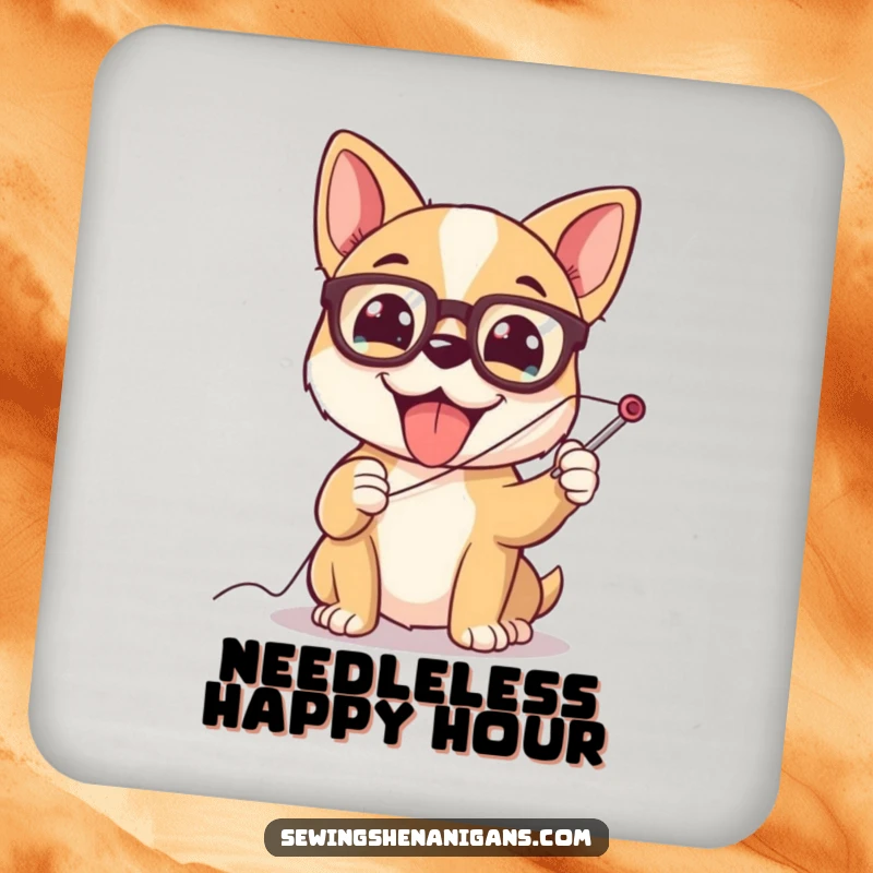Funny dog wearing glasses, struggling to thread a giant needle, a cute and humorous drink coaster set.