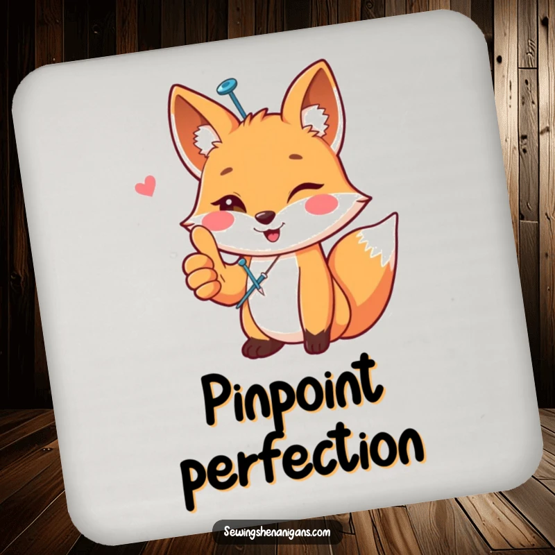 Funny happy fox wearing a sewing pin, giving a thumbs up, on a drink coaster, a small but funny funny gift.