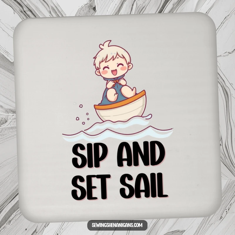 Funny drink coaster with a giggling character sailing a thimble boat, protecting surfaces with a humorous and tiny adventure.
