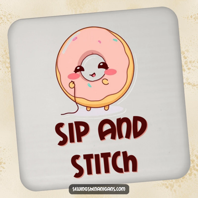Funny Donut Stitching Coasters: A giggling donut character sewing a hole, ideal for funny and protective table decor.