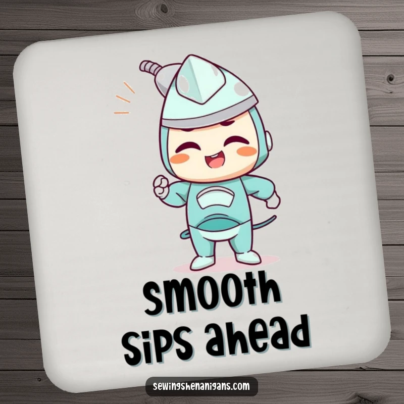 Funny drink coaster with a determined iron character joyfully smoothing out wrinkles, offering precise surface protection.