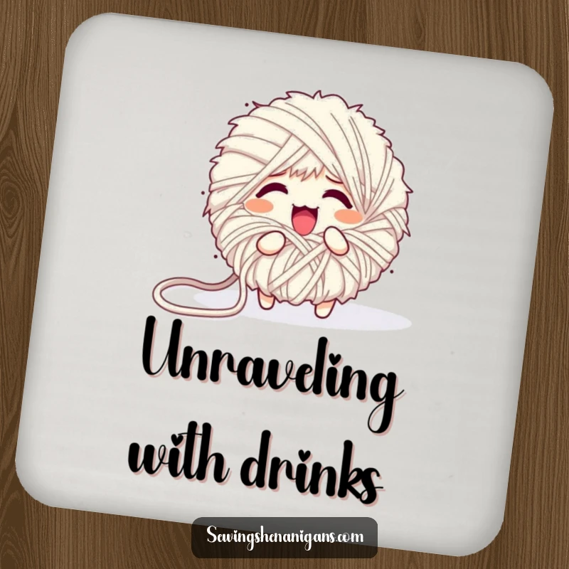 Funny drink coaster with a fluffy yarn ball character comically unraveling into a mess, a charming and humorous surface protector.