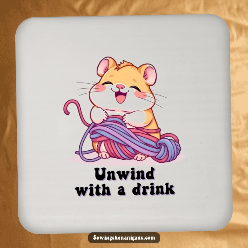 Funny giggling hamster tangled in yarn, happily unravelling it, a cute and humorous drink coaster set.