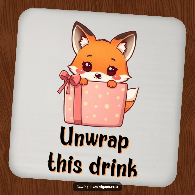 Funny kawaii fox peeking behind a colorful gift, a charming and humorous design on this drink coaster, perfect for tabletops.