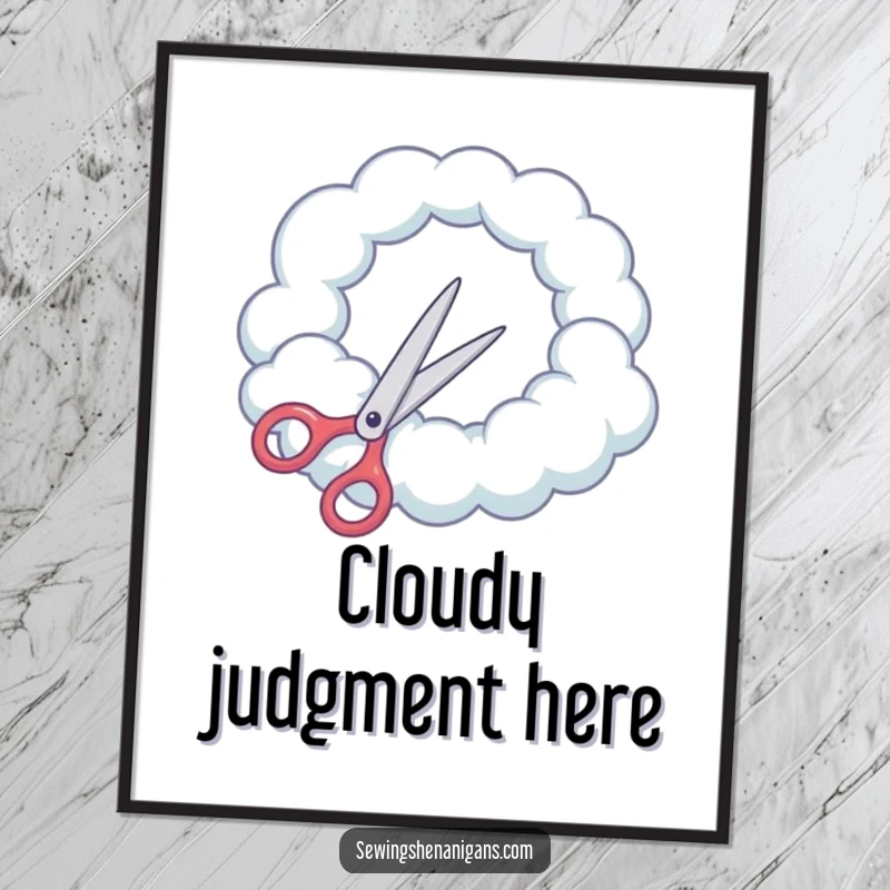 Funny Poster: Scissors attempt to cut a perfectly round hole in a cloud, a surreal and humorous art print.