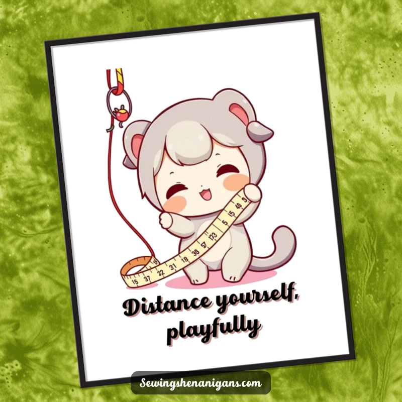 Funny poster of a character playfully interacting with a dangling measuring tape, perfect for adding whimsical decor to a craft space.
