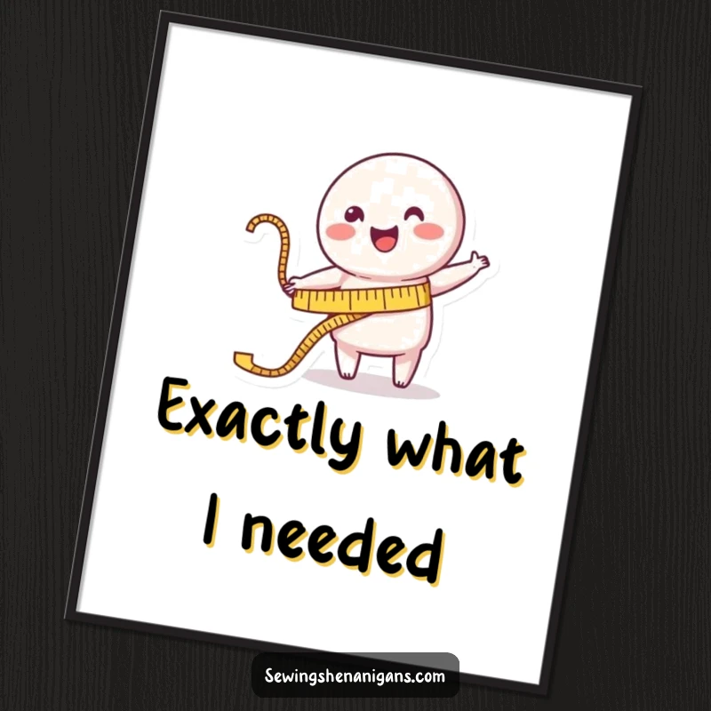 Funny Poster: A happy measuring tape character cheerfully stretches towards a garment, depicted in a charming and humorous art style.